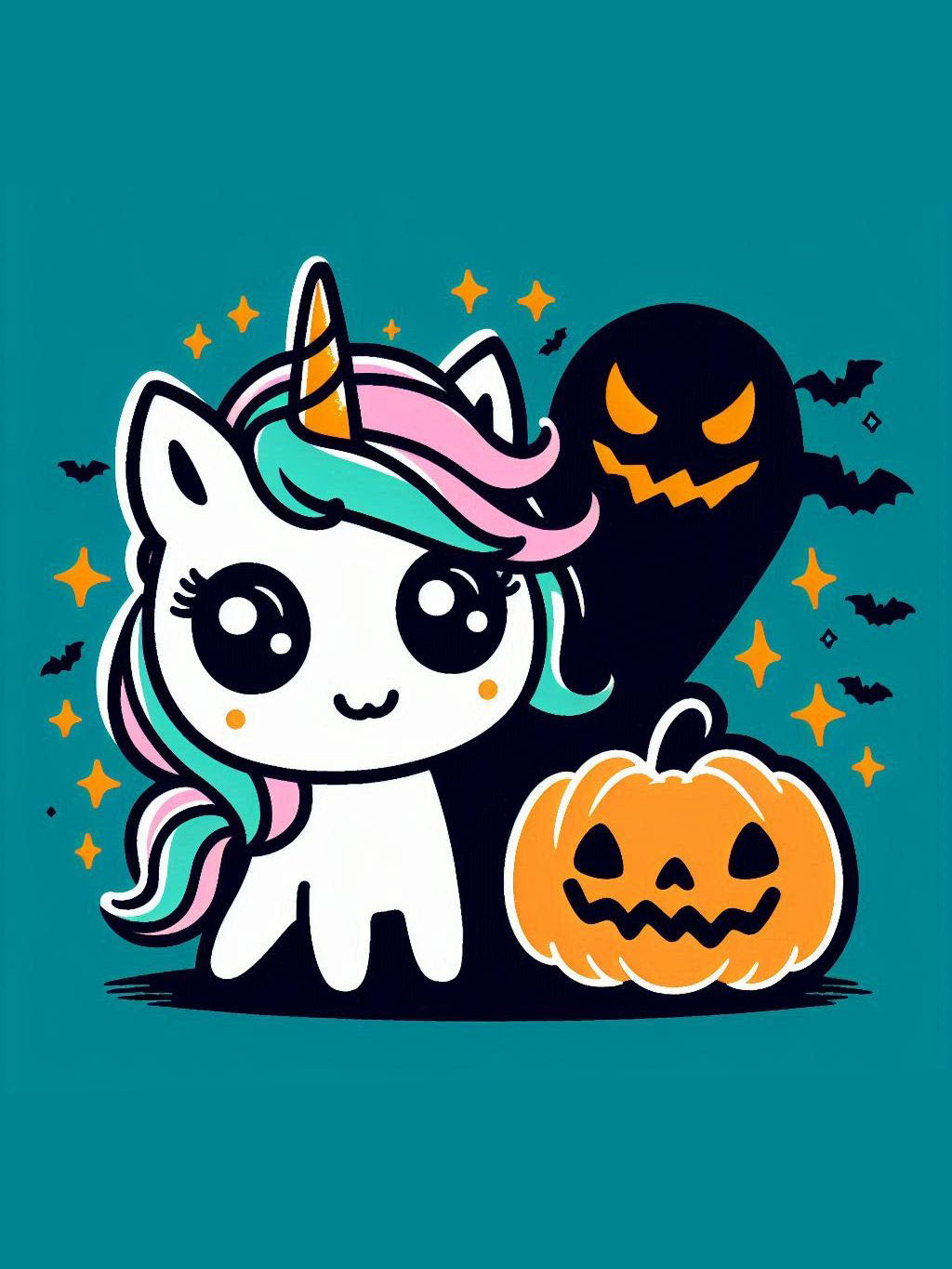 Halloween unicorn illustration ideas featuring a cute unicorn beside a jack-o'-lantern and a spooky silhouette with glowing eyes, surrounded by twinkling stars and bats.